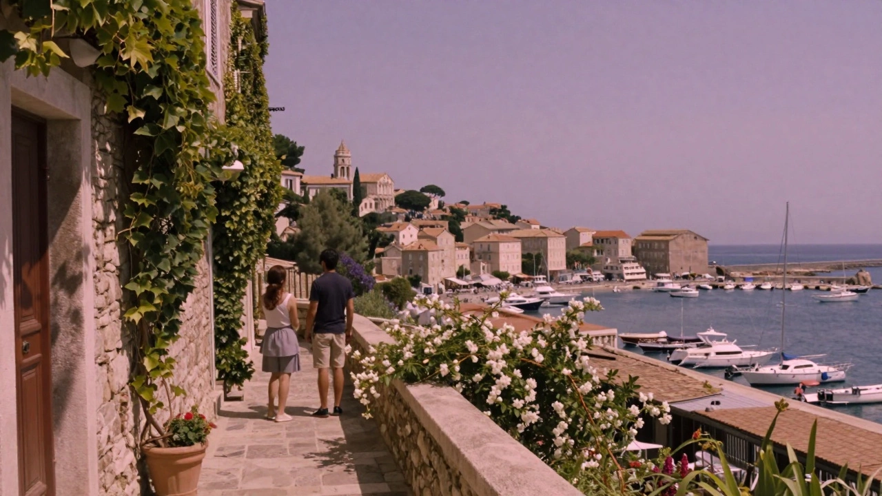 Couple overlooking Cannes harbor from Le Suquet hill, jasmine vines and yachts in the distance.