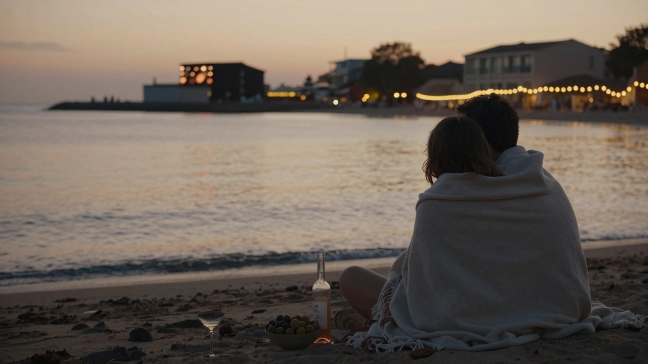 Silhouettes of two people on a quiet beach at dusk, rosé and olives beside them as lights glow along the shore.