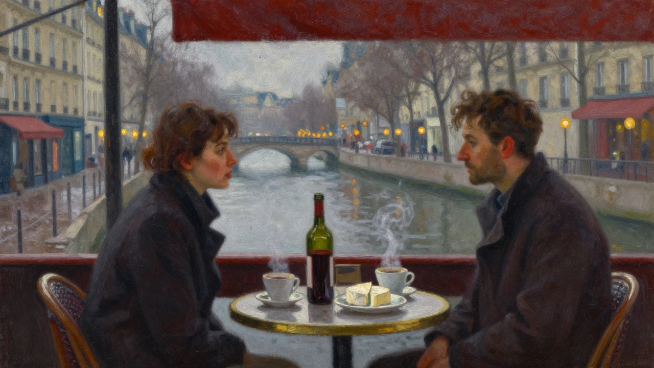 Two people share wine and cheese at a quiet Paris café as rain falls and canal lights glow in the background.